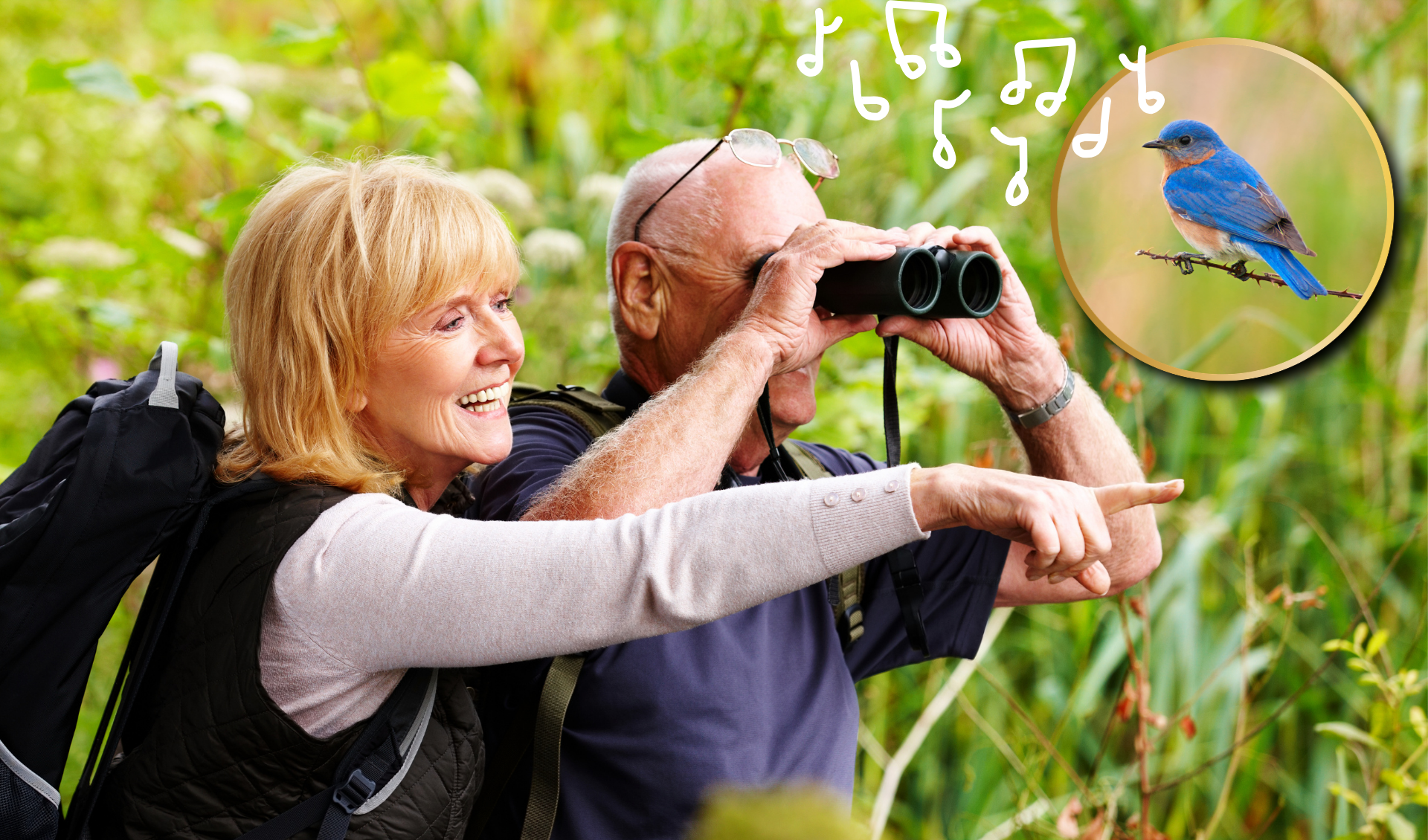 Two people in a natural setting observe a blue bird through binoculars, with musical notes illustrating the bird's song.