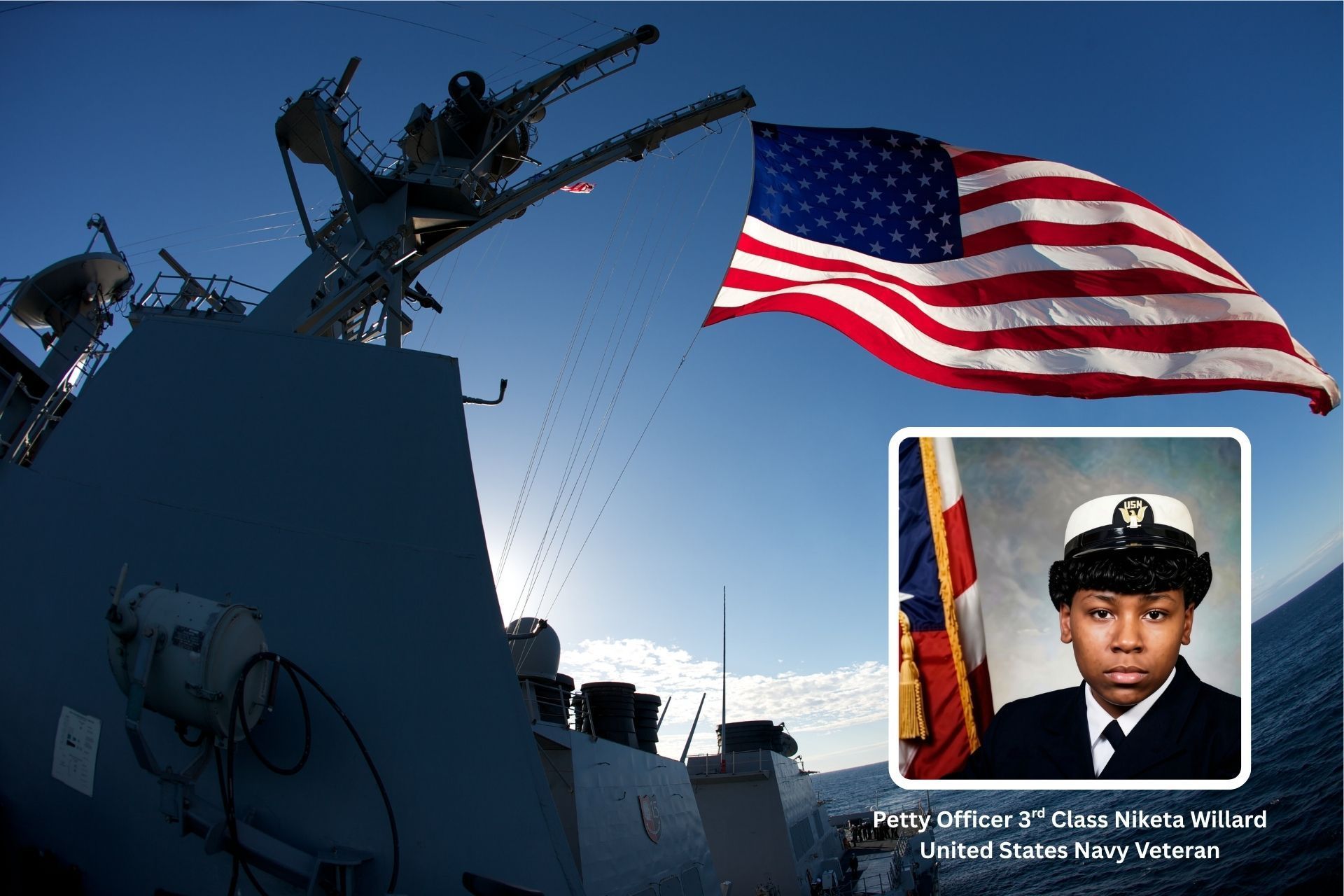 United State naval vessel with American flag flying overhead