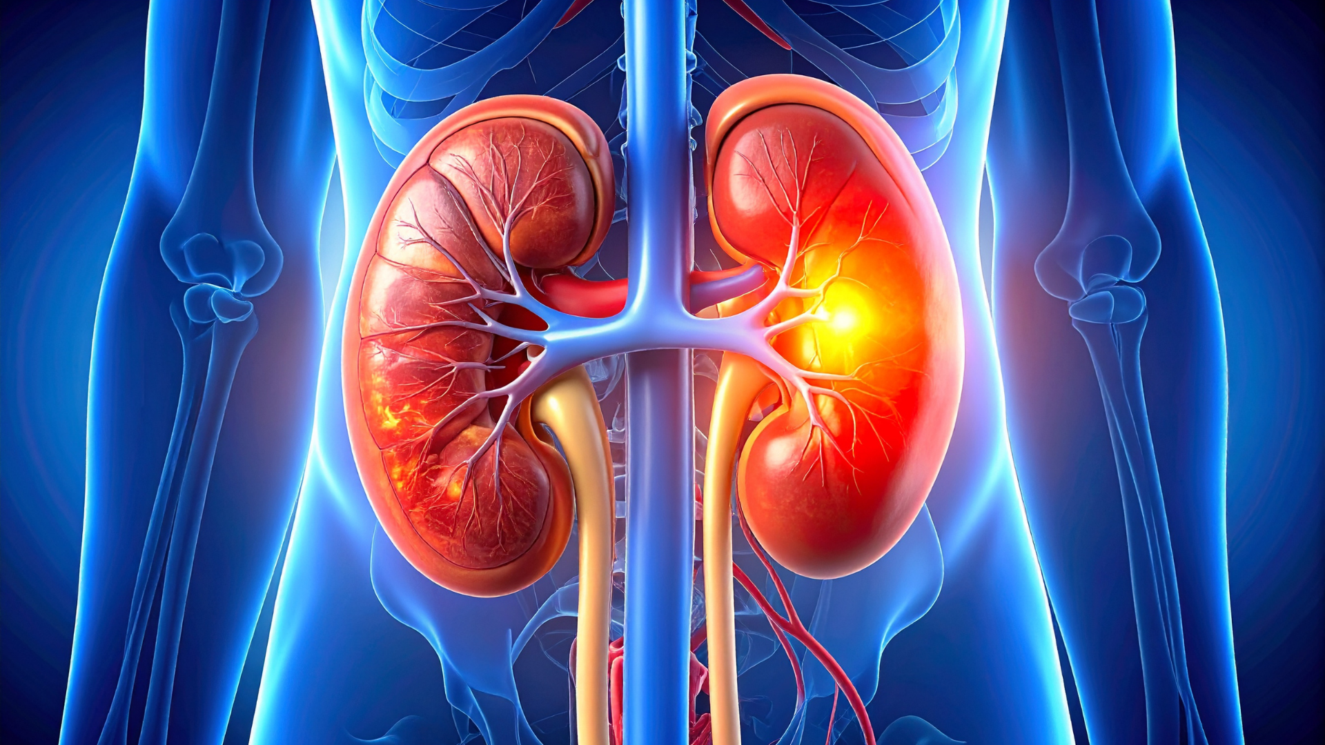 Human torso with highlighted kidneys, one glowing red and orange to show pain or inflammation.