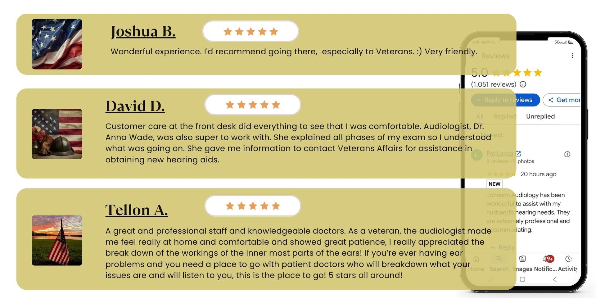 Three yellow review cards with profile photos, star ratings, and text on a blurred webpage background