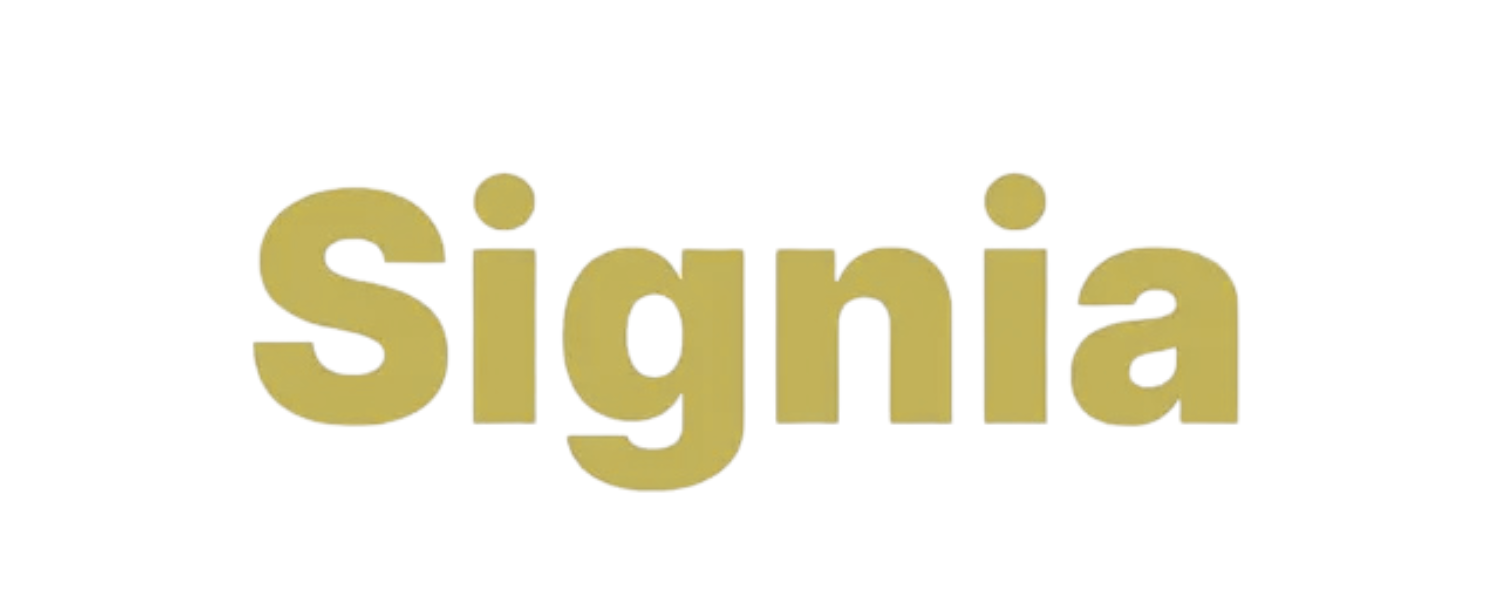 A gold signia logo on a white background.