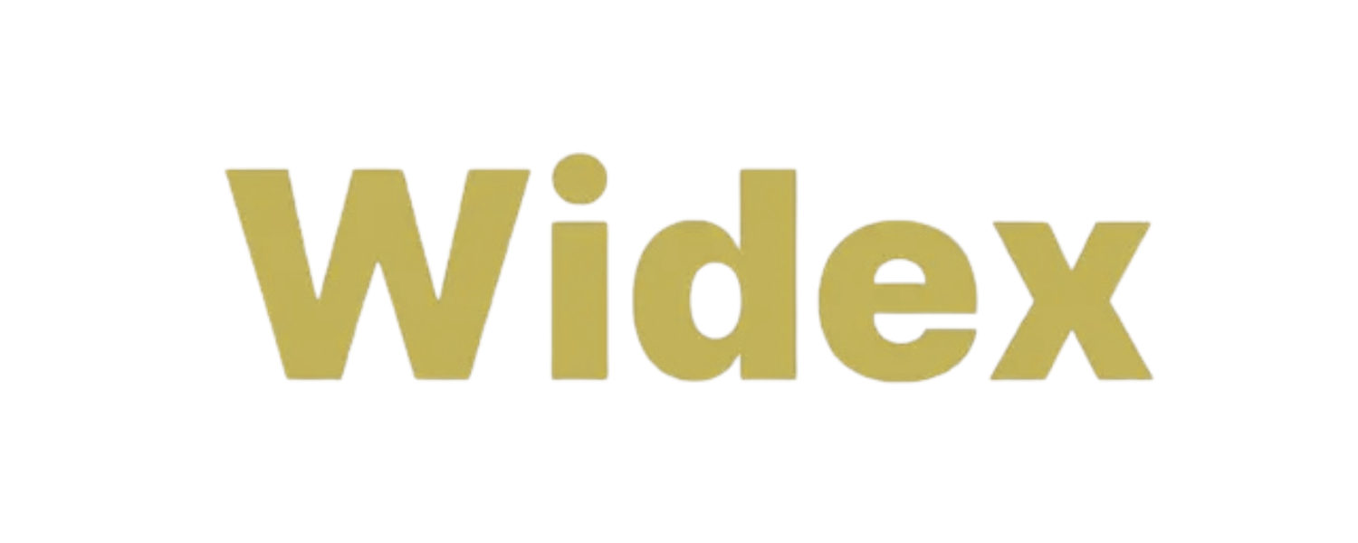 A gold widex logo on a white background