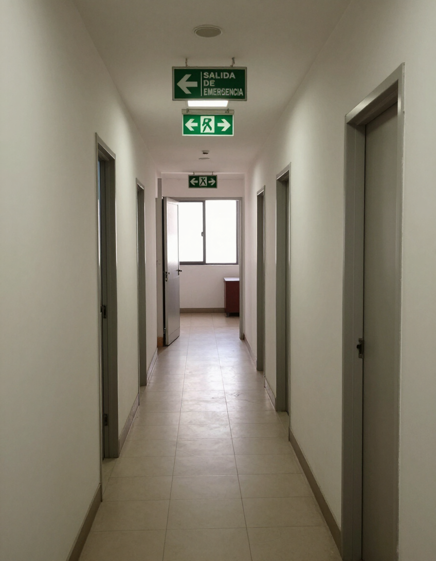 Pasillo estrecho con paredes blancas, puertas a ambos lados y señales verdes de salida de emergencia en el techo.