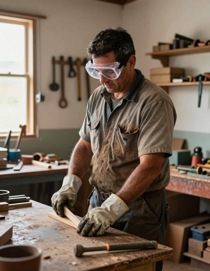 Carpintero en un taller dando forma a una tabla con herramientas manuales, con gafas de seguridad y guantes