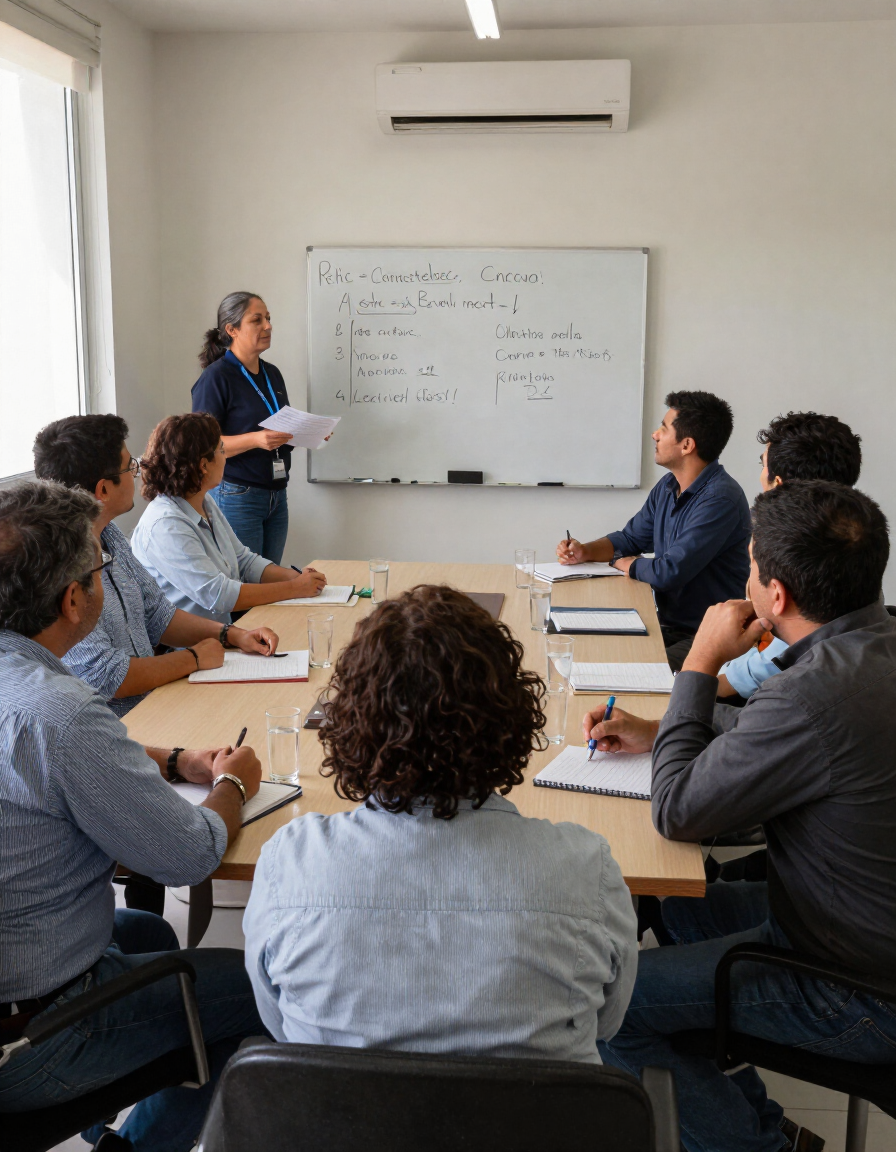 Reunión en una sala de conferencias, con una persona haciendo una presentación ante los asistentes.