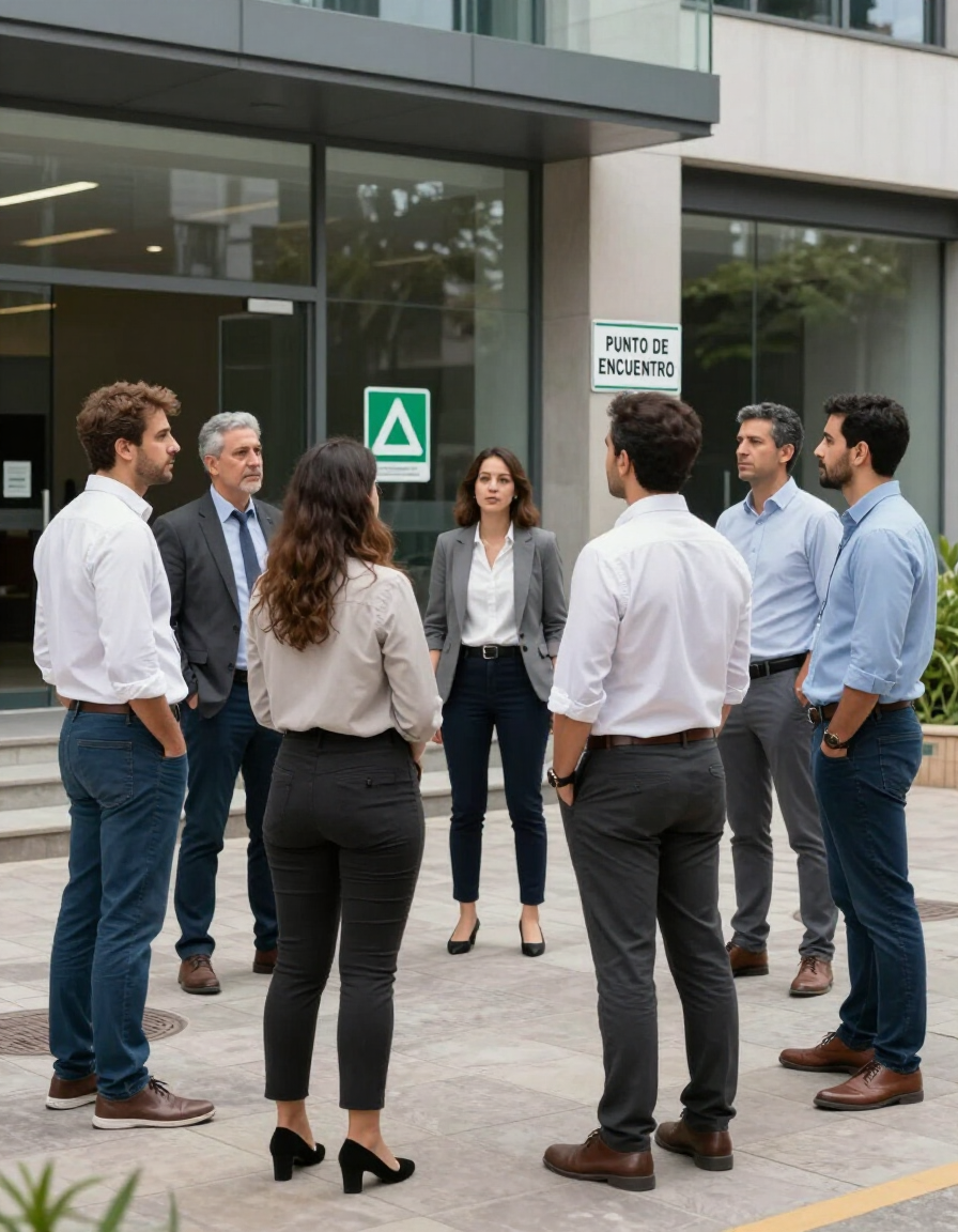 Un grupo de compañeros de trabajo de pie en círculo frente a un edificio de oficinas, conversando en un entorno profesional.