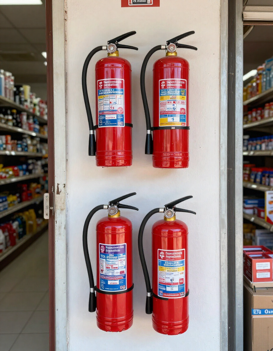 Cuatro extintores rojos colgados en la pared de un pasillo de una tienda