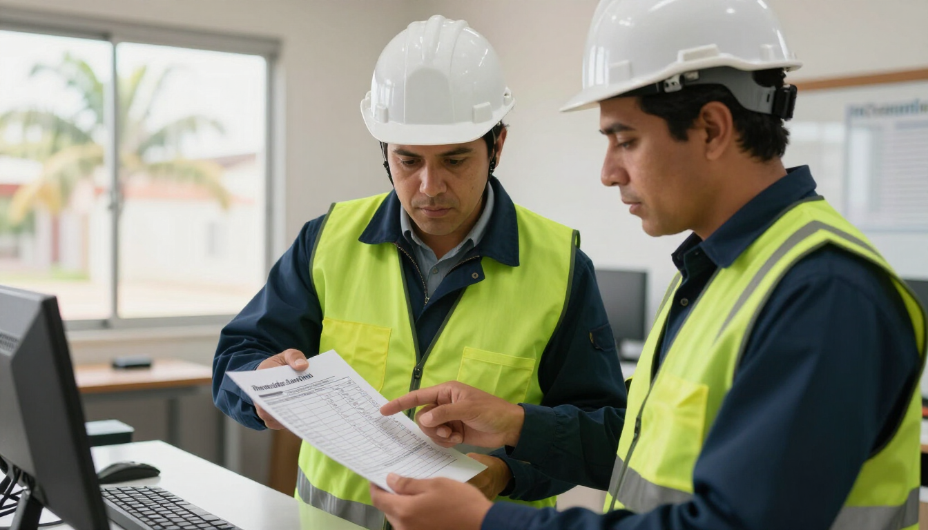 Dos ingenieros con cascos revisan unos planos junto a un ordenador en una oficina