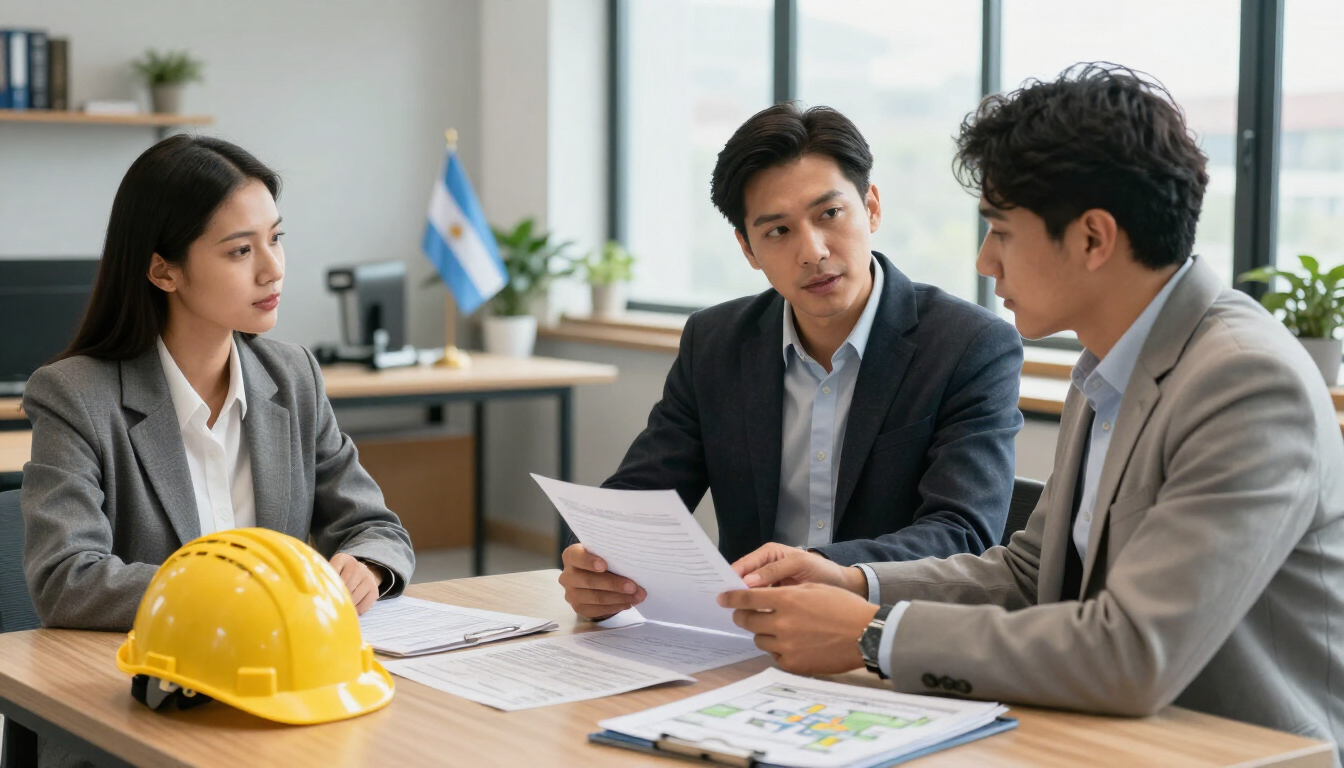 Tres profesionales revisan unos planos en una mesa, junto a un casco de obra amarillo, en una oficina