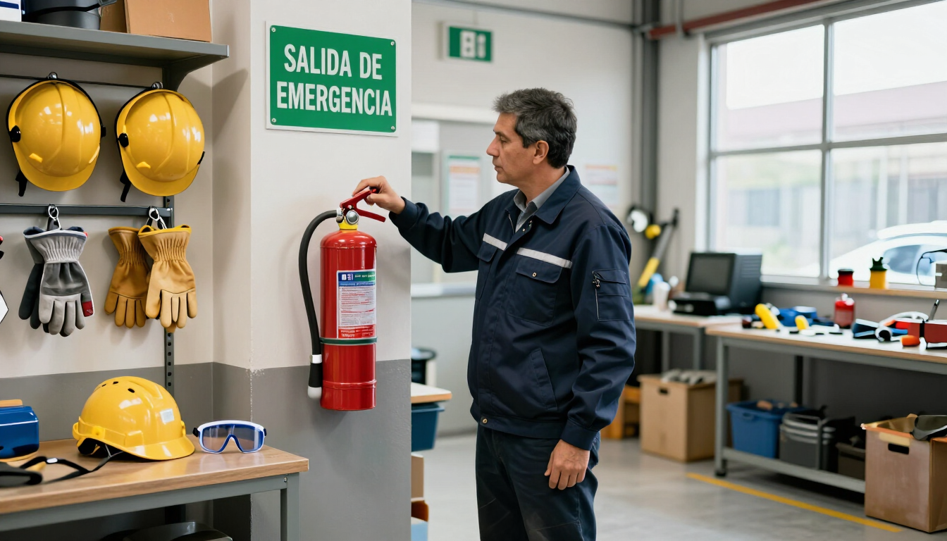 Un trabajador revisando un extintor rojo junto a una señal de salida de emergencia en un taller industrial