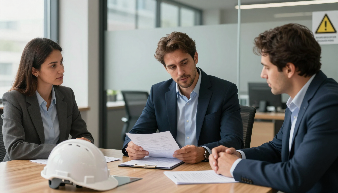 Tres compañeros en una sala de reuniones revisando documentos, con un casco blanco sobre la mesa.
