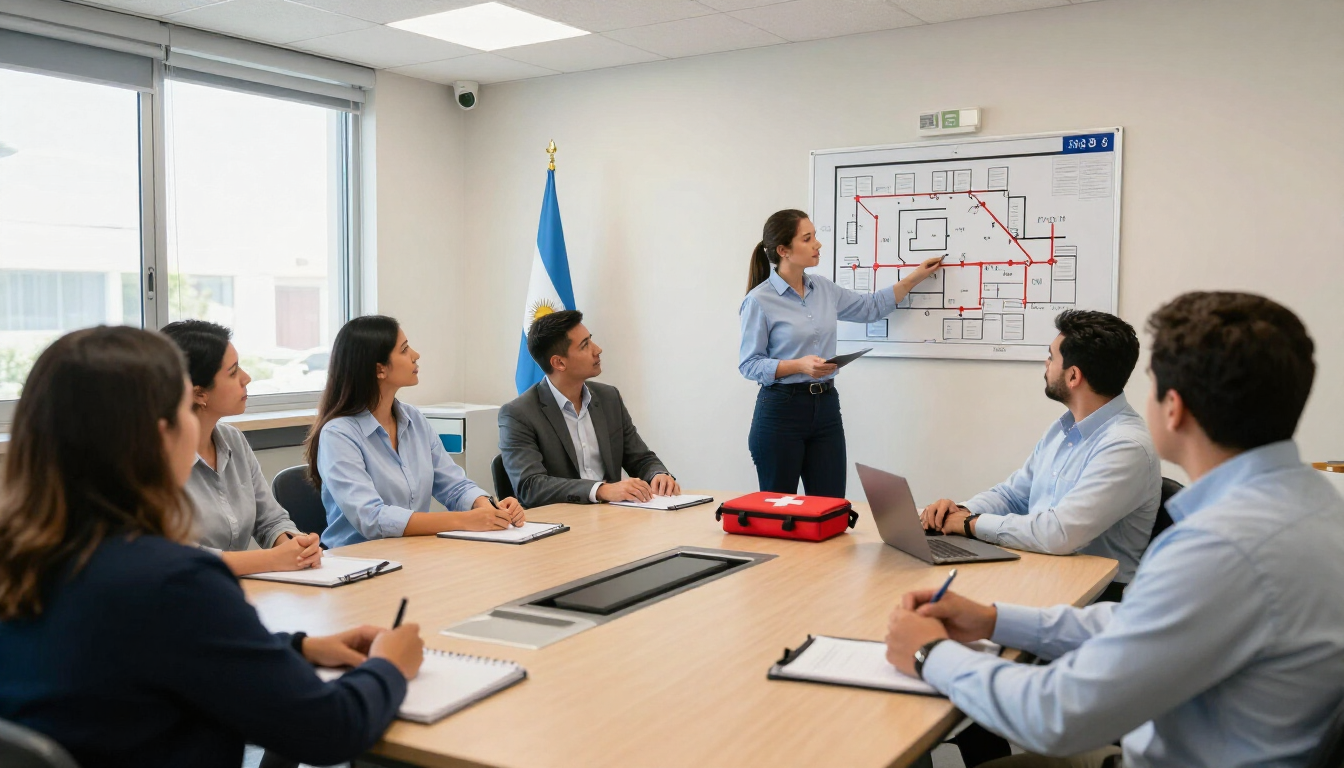 Reunión de negocios en una sala de conferencias, un presentador junto a una pizarra y el equipo sentado.