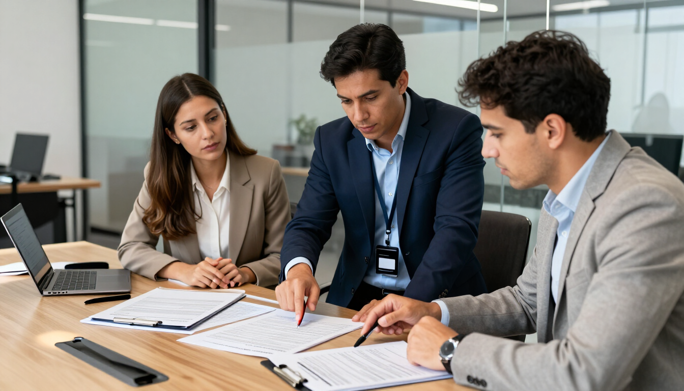 Tres compañeros de trabajo revisan documentos juntos en una mesa de reuniones en una oficina moderna.