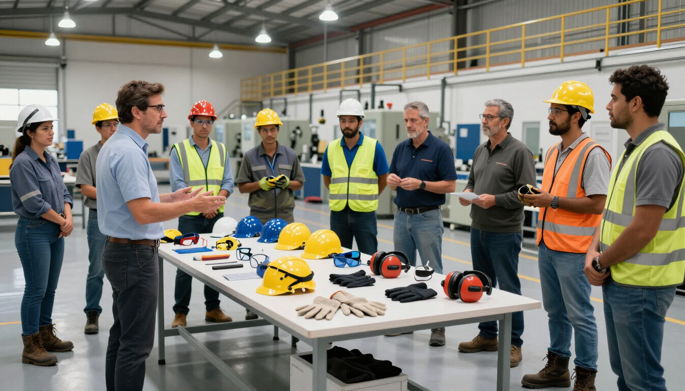 Trabajadores con cascos y chalecos de seguridad se reunieron alrededor de una mesa en un taller industrial.