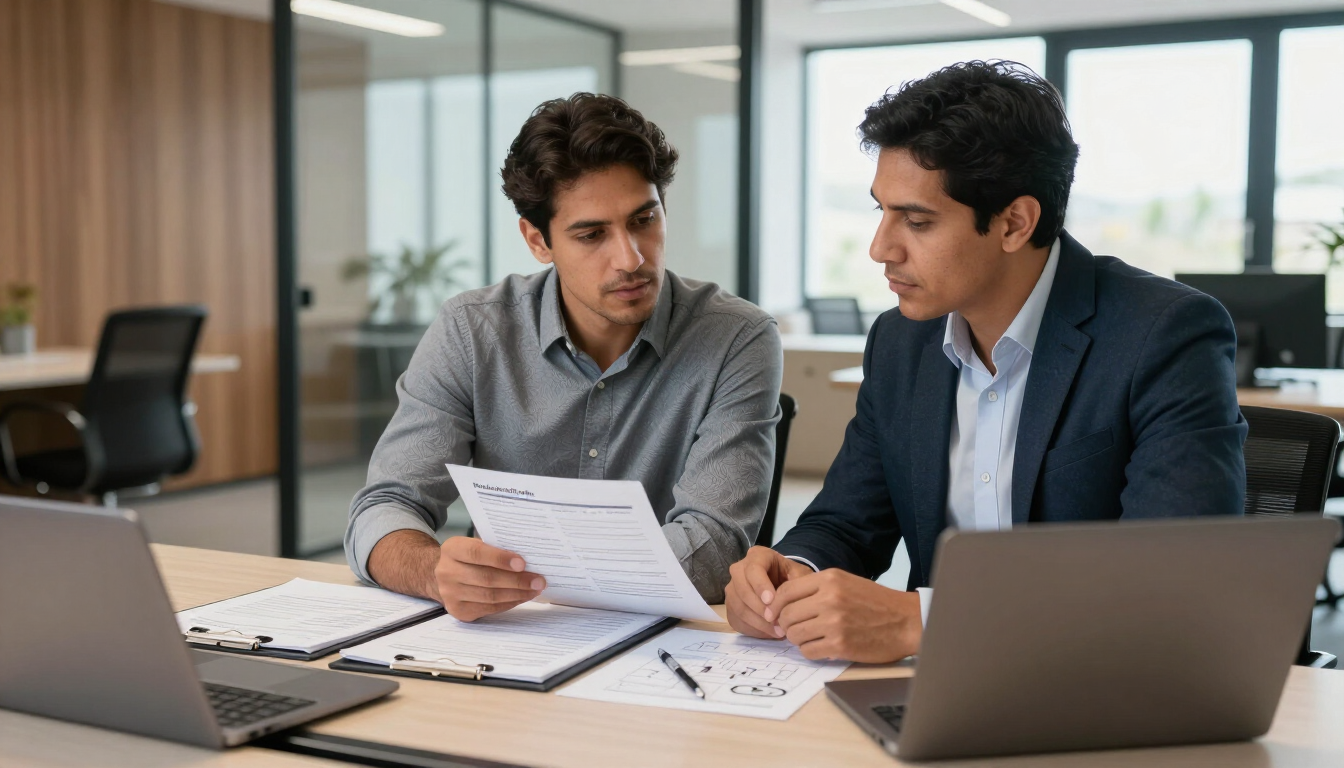 Dos compañeros de trabajo revisan documentos en un escritorio con portátiles en una oficina moderna