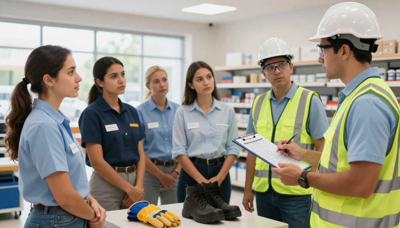 Charla de seguridad en un taller, con trabajadores con cascos de seguridad reunidos.