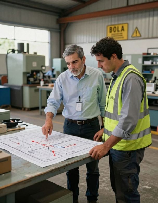 Dos trabajadores en una fábrica examinan un plano grande impreso sobre una mesa de trabajo.