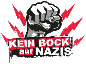 Eine geballte Faust über dem Text „Kein Bock auf Nazis“, rot und weiß auf schwarz.