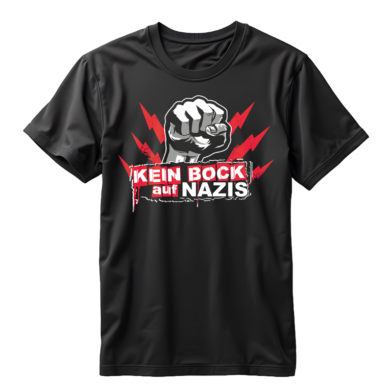 Schwarzes T-Shirt mit einer Grafik einer geballten Faust und dem Text „Kein Bock auf Nazis“.