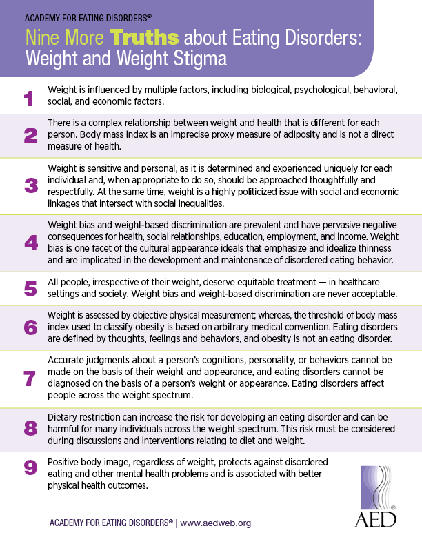 Infographic titled “Nine More Truths about Eating Disorders” with nine numbered purple-and-white text panels.