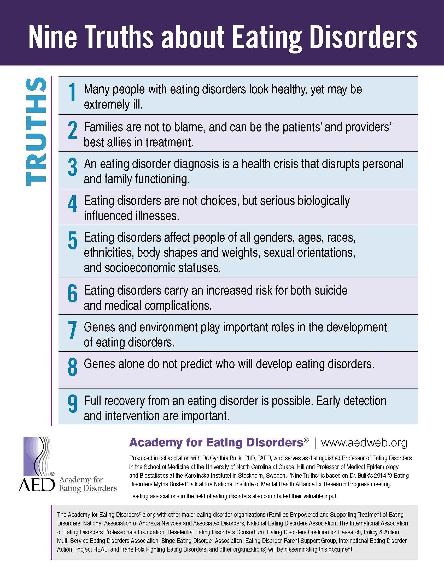 Poster titled “Nine Truths about Eating Disorders” with blue header and numbered list of facts.