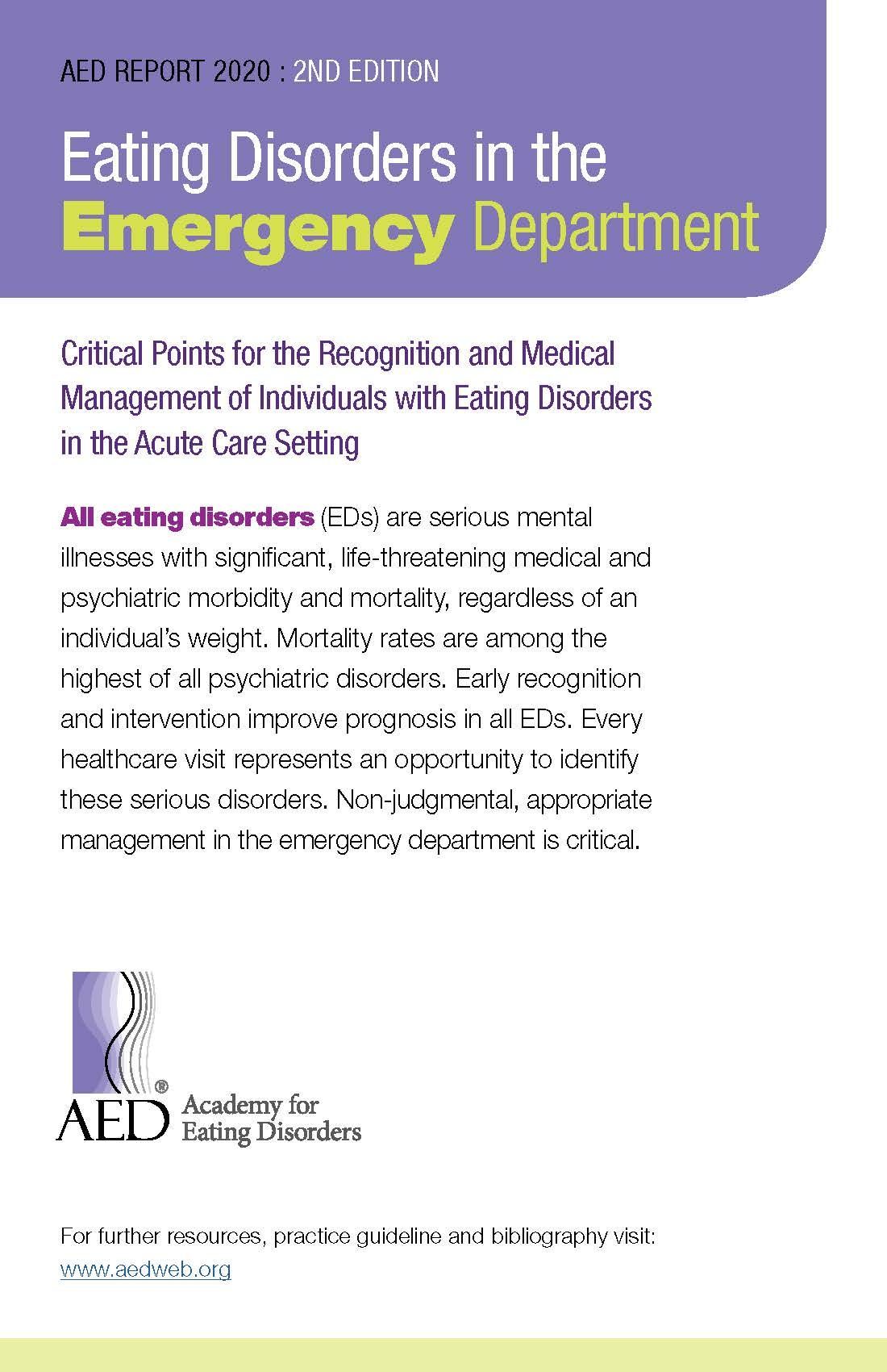 Cover of “Eating Disorders in the Emergency Department” from the Academy for Eating Disorders, in purple and white.