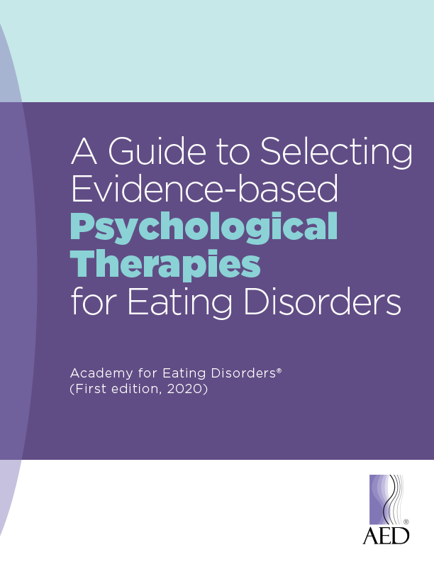 Book cover titled “A Guide to Selecting Evidence-based Psychological Therapies for Eating Disorders” in purple and teal.
