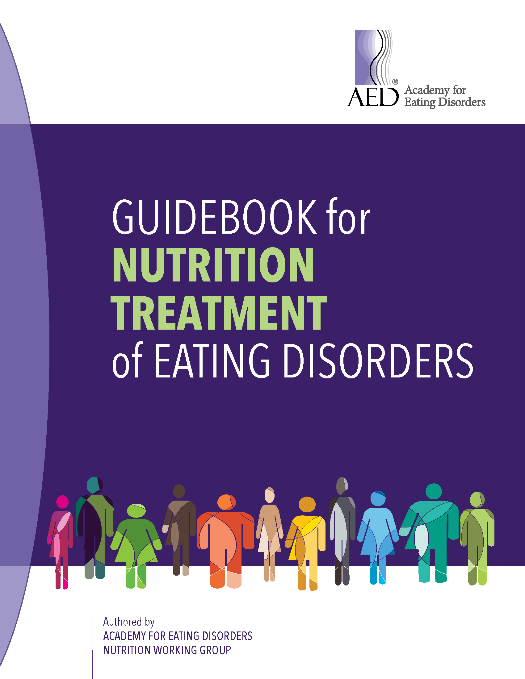 Purple guidebook cover titled “Guidebook for Nutrition Treatment of Eating Disorders” with colorful figures along the bottom.