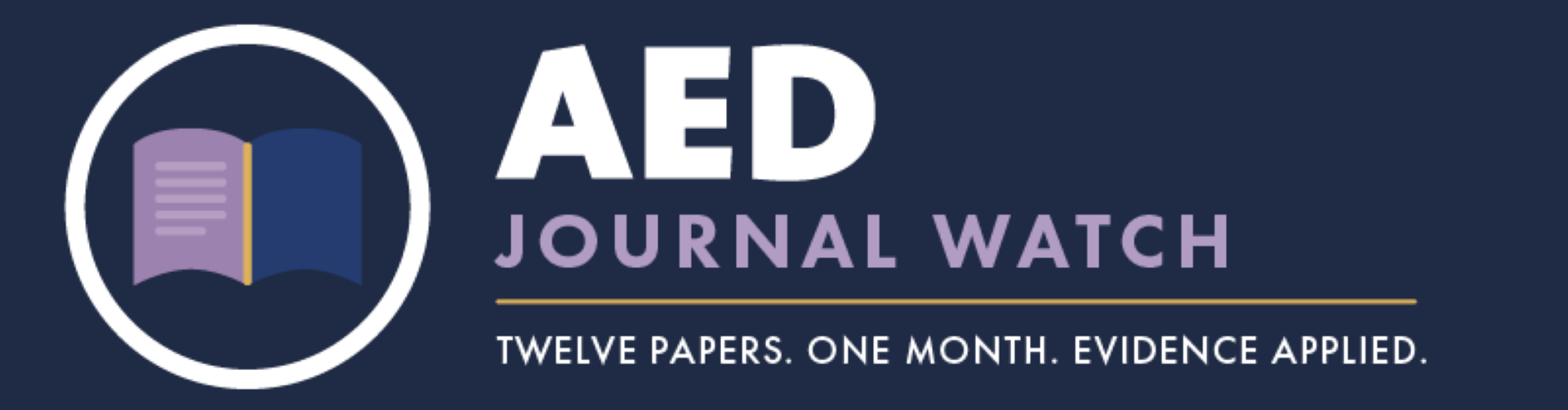 AED Journal Watch logo on dark blue background with book icon and subtitle “Twelve papers. One month. Evidence applied.”