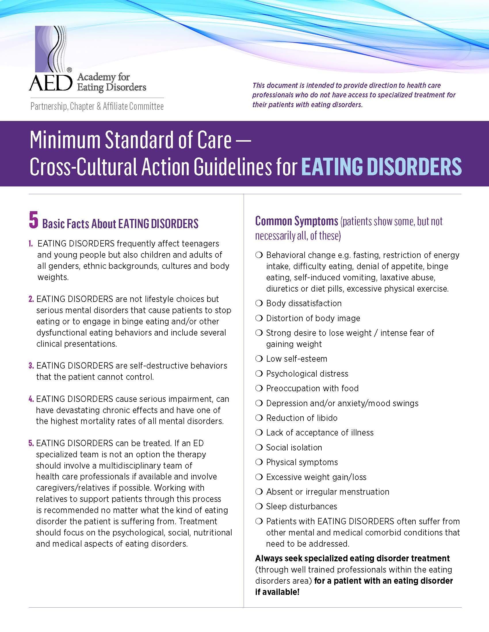 Poster titled “Minimum Standard of Care” for eating disorders, with purple header and two-column text.