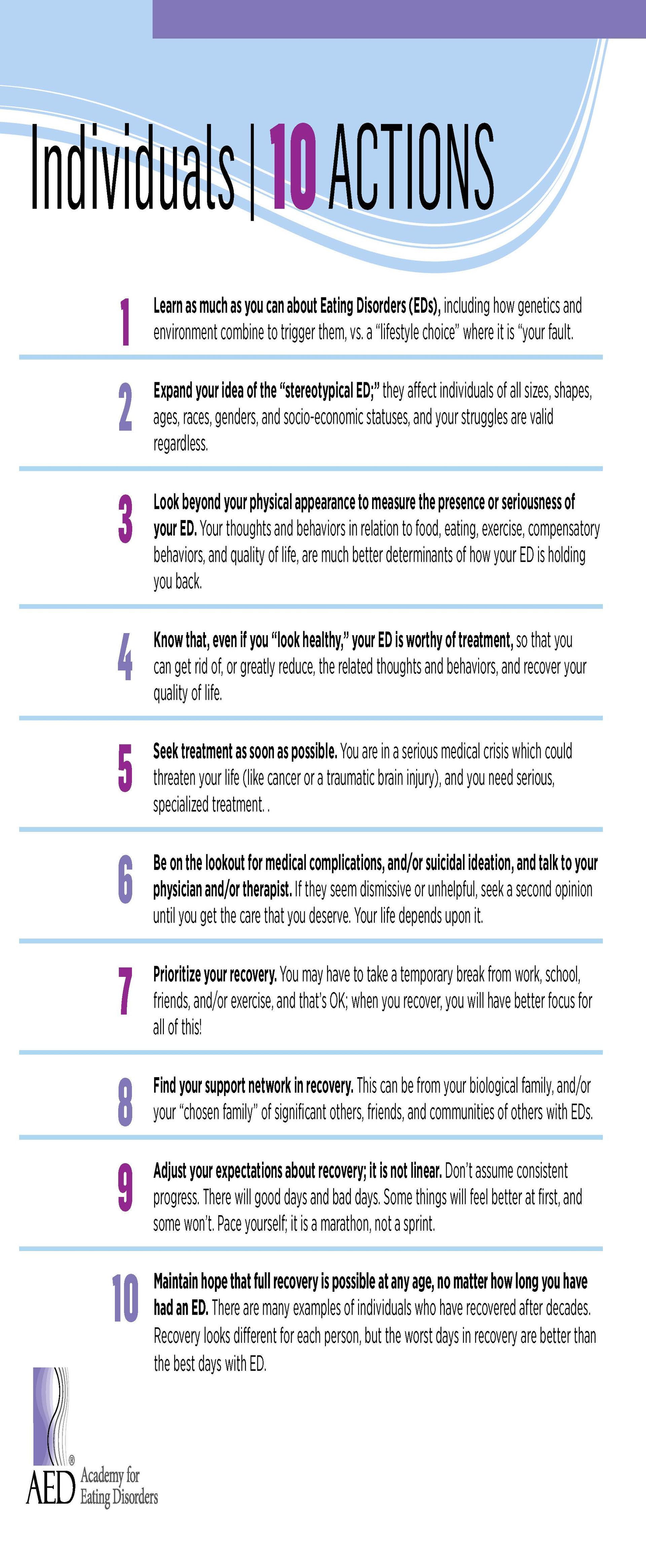 Infographic titled “10 Actions” with a vertical numbered list of tips on a light purple background.
