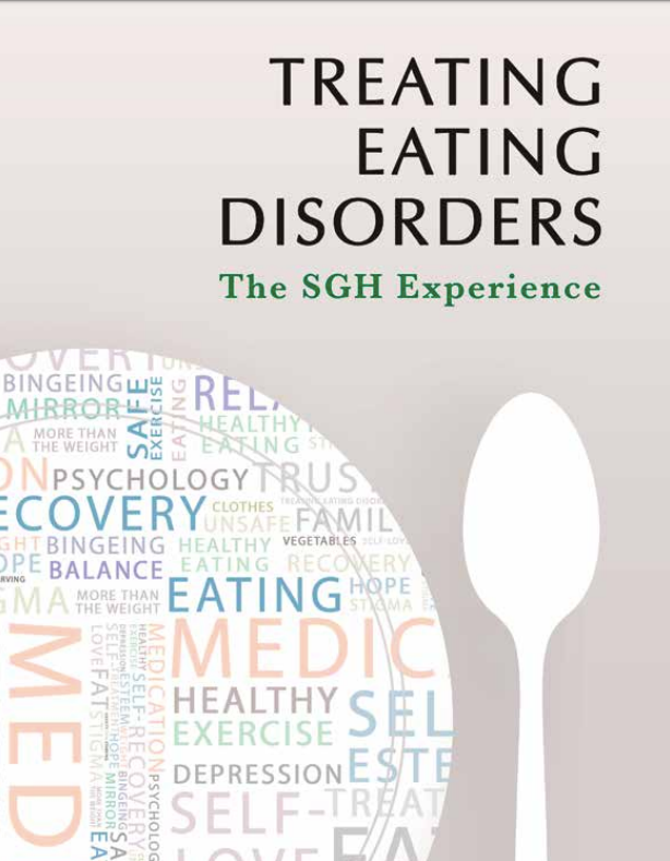 Treating Eating Disorders book cover with spoon silhouette and pastel word cloud background