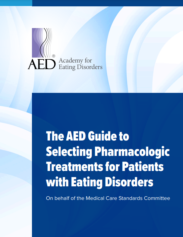 Cover of AED guide to selecting pharmacologic treatments for patients with eating disorders, blue and white