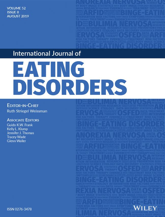 Blue journal cover titled “Eating Disorders” with white text and Wiley logo at bottom.
