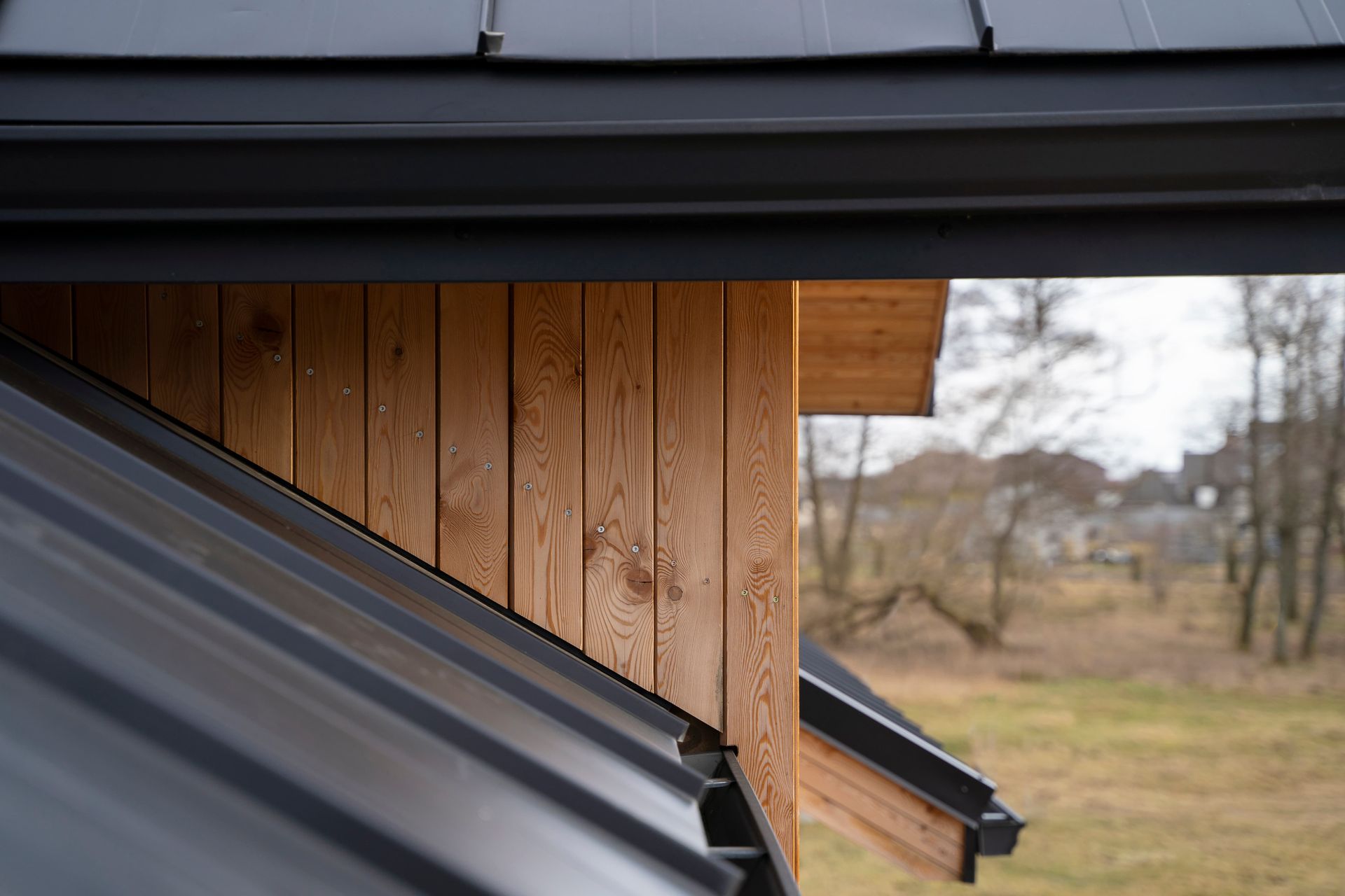 Wooden exterior of a building with a black metal roof and guttering, with a blurred natural background.