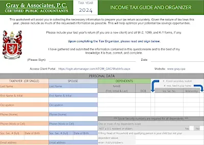 Tax organizer form from Gray & Associates, with sections for personal data and dependents.