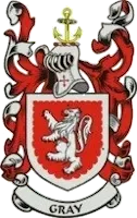 Coat of arms for the Gray family. Red shield with white lion, red and white flourishes, helmet, and anchor.