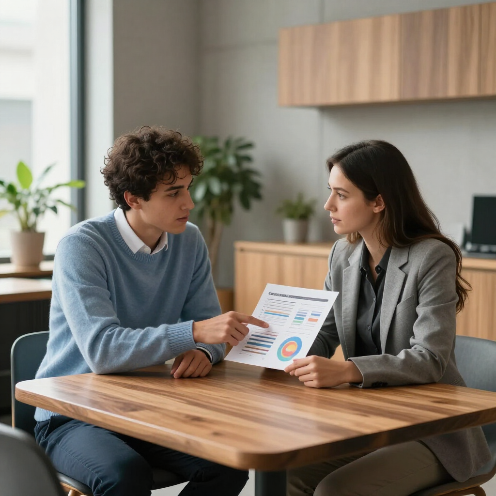 Two coworkers discuss a report at a wooden table in a bright office, one holding a chart page.