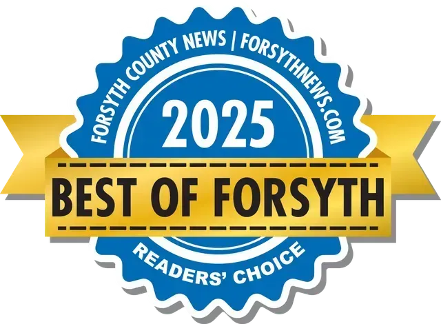 2025 Best of Forsyth Readers’ Choice blue and gold award badge with Forsyth County News logo