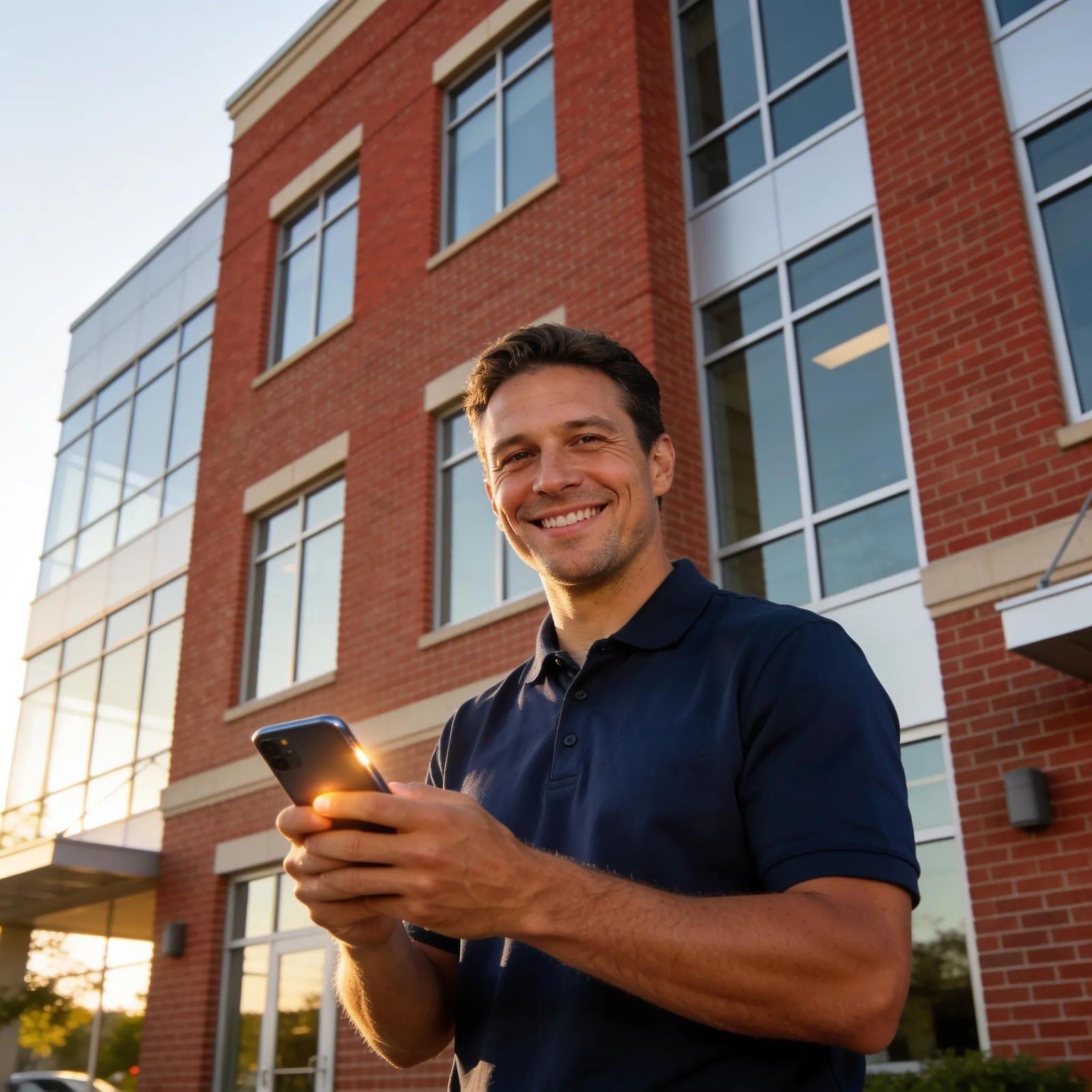 Smiling man holding a smartphone outside a brick office building at sunset