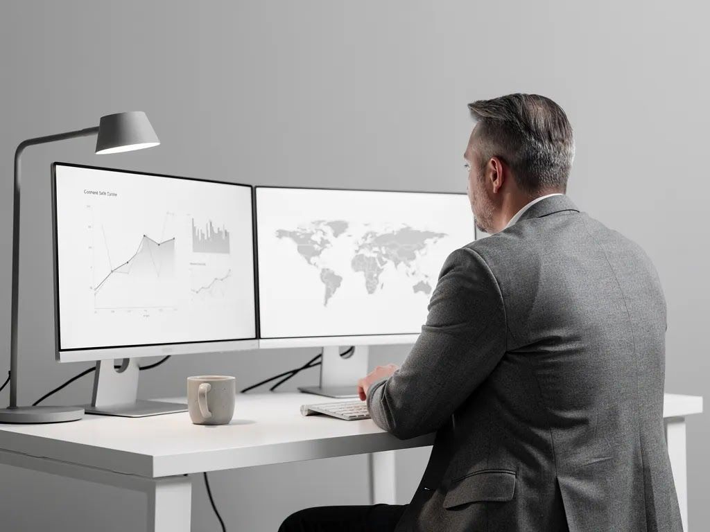 Man at a desk reviewing charts on dual monitors in a modern office