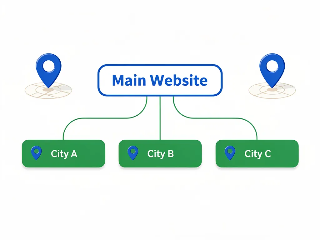 Diagram of a main website linking to City A, City B, and City C with location pins above