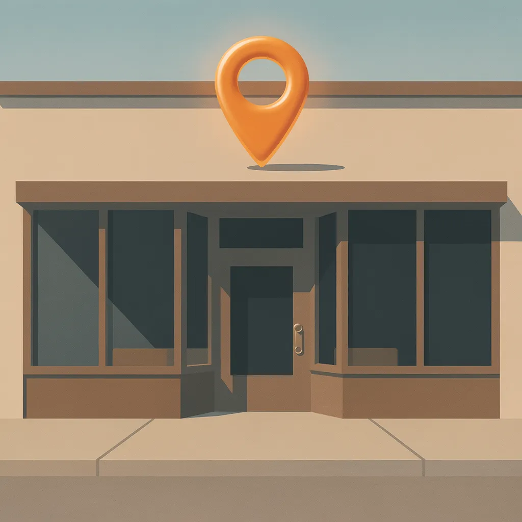 Stylized storefront with large windows and an orange location pin marker above the entrance.