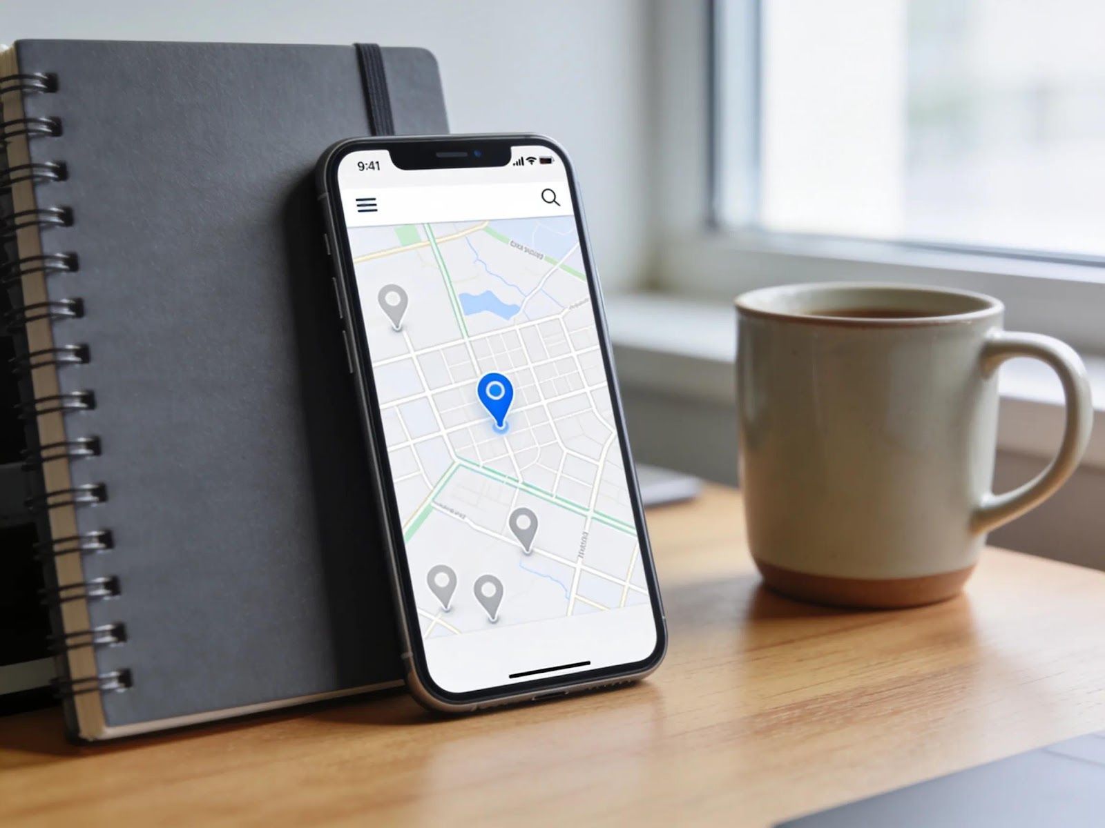 Smartphone showing a map beside a notebook and coffee mug on a wooden desk