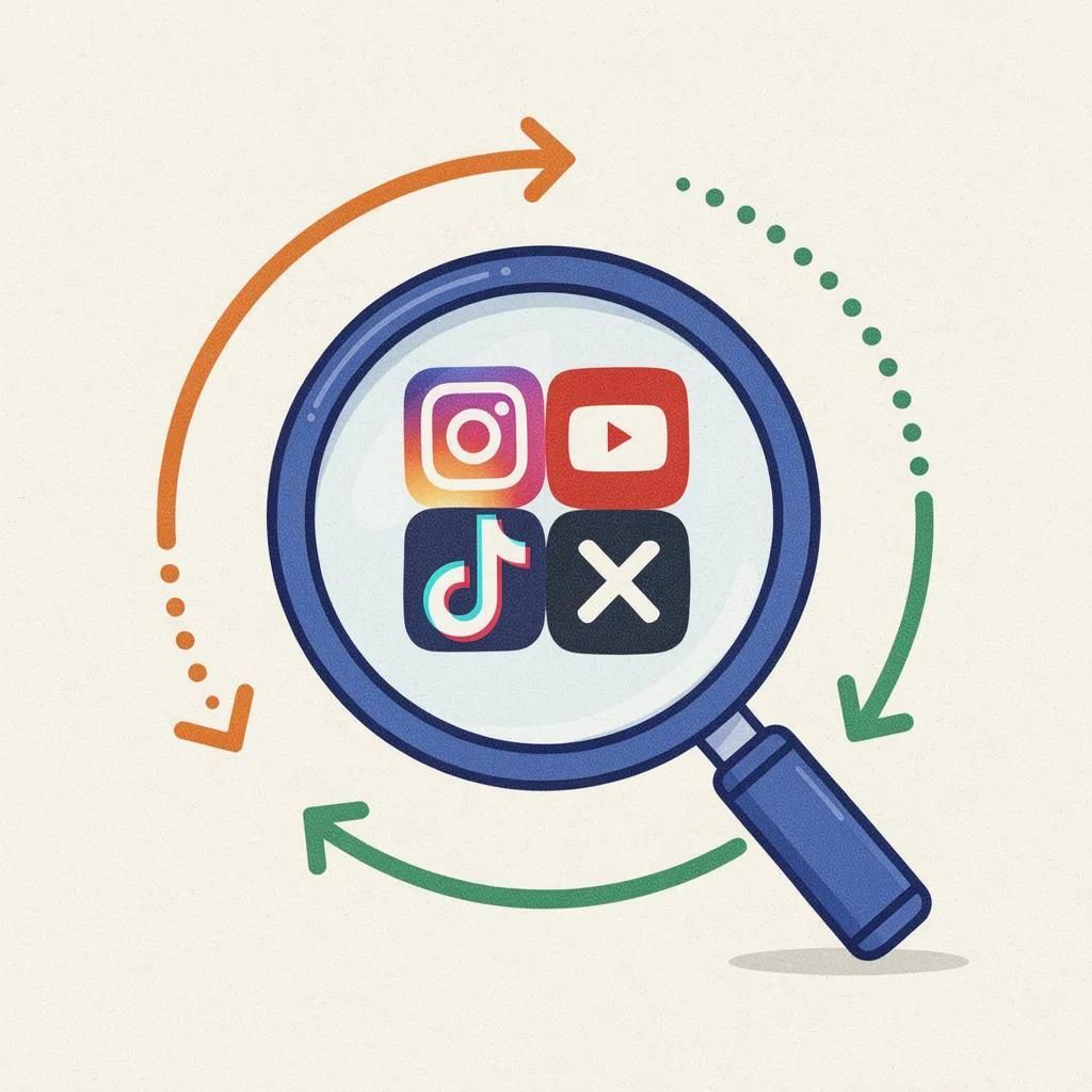Magnifying glass over social media icons with circular arrows, suggesting online search or cycling content