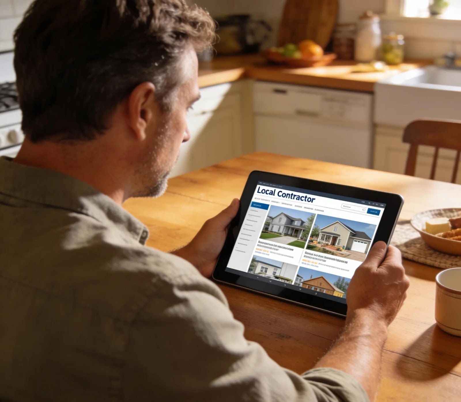 Person holding a tablet at a kitchen table, browsing a website in a warm-lit home kitchen