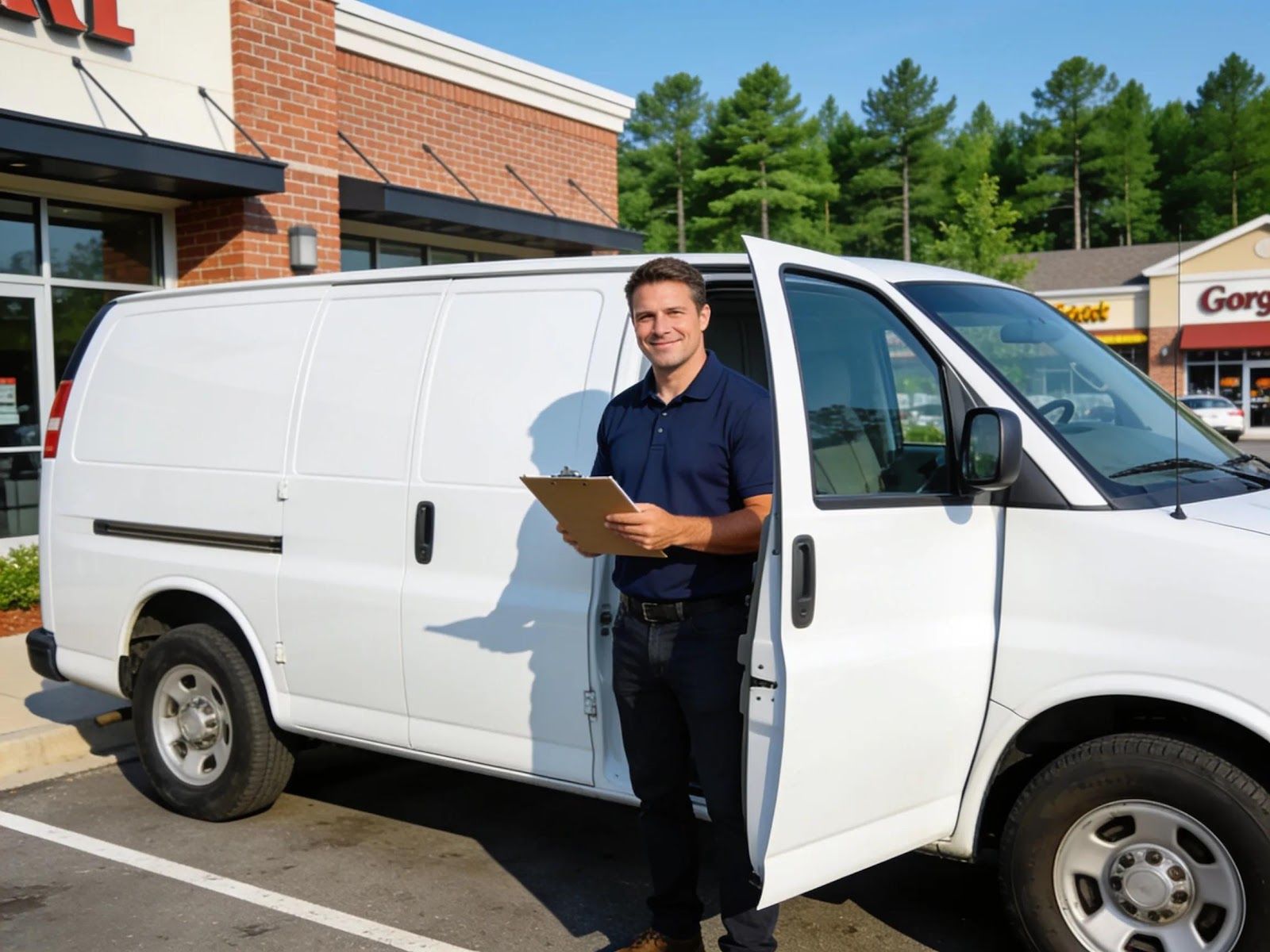 Man standing by an open white cargo van in a parking lot, holding a clipboard.