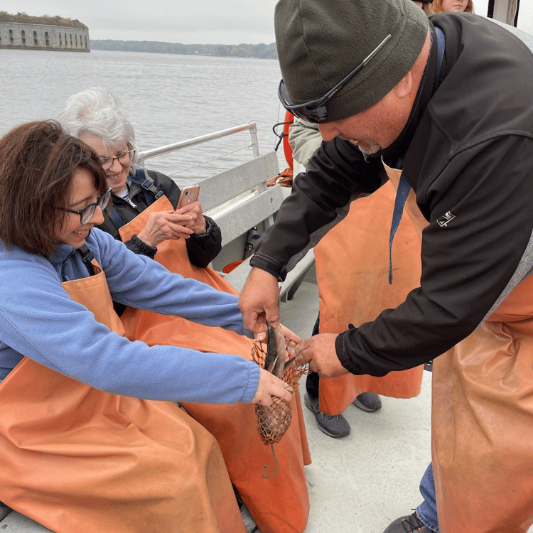 People on a boat, wearing aprons, examining a lobster. Man points, smiling. Gray water, overcast sky.