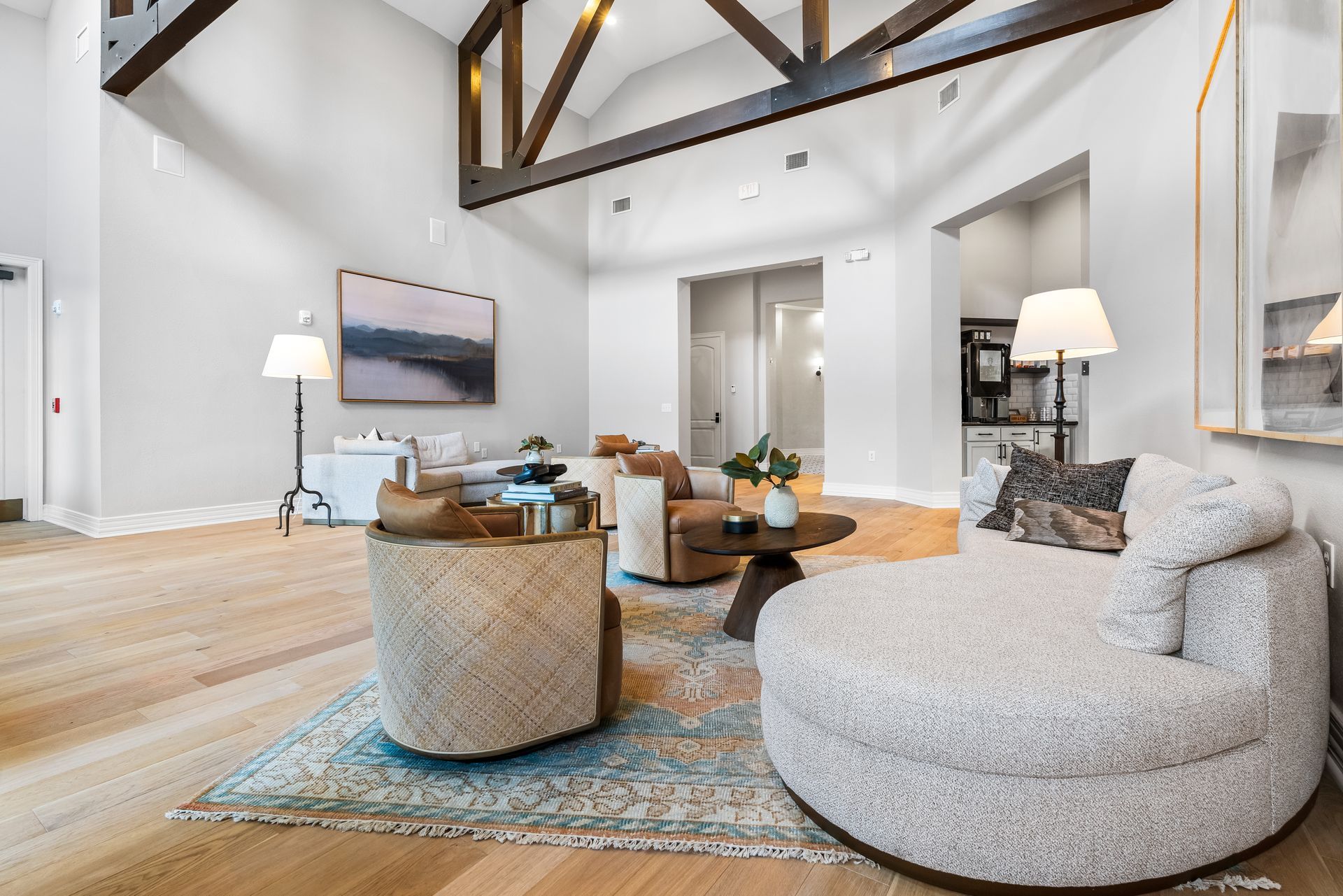 A living room filled with furniture and a large round chair.