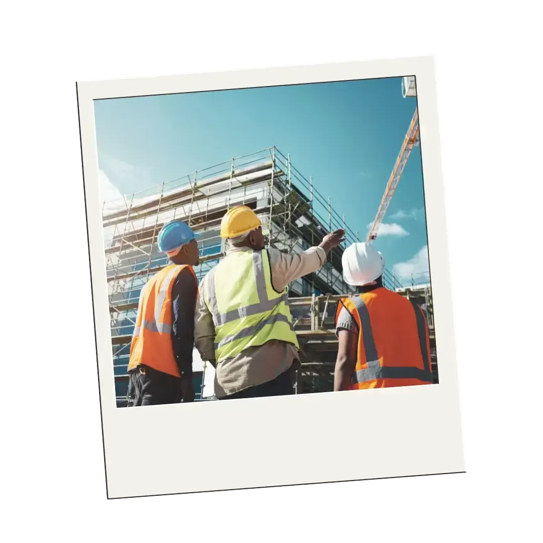 A group of construction workers are looking at a building under construction.